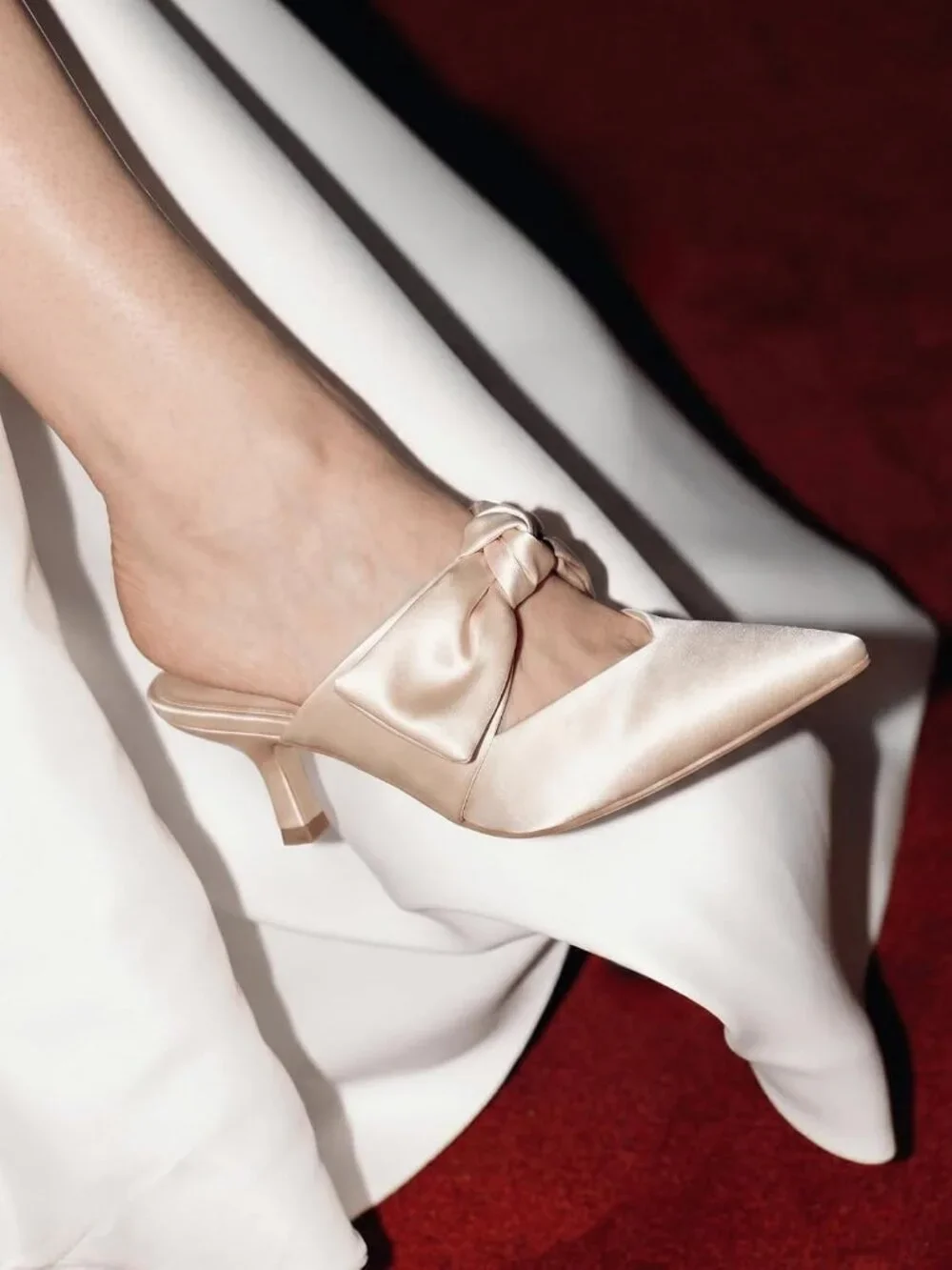 Women's Champagne Rubber Satin Bow Strap Kitten Heels Pointed Toe Slip On Pumps